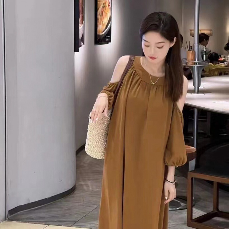 Gentle and Light Mature Style Royal Sister Elegant Long Skirt to Ankle French Super Fairy Leaky Shoulder Puff Sleeve dress Women's Summer