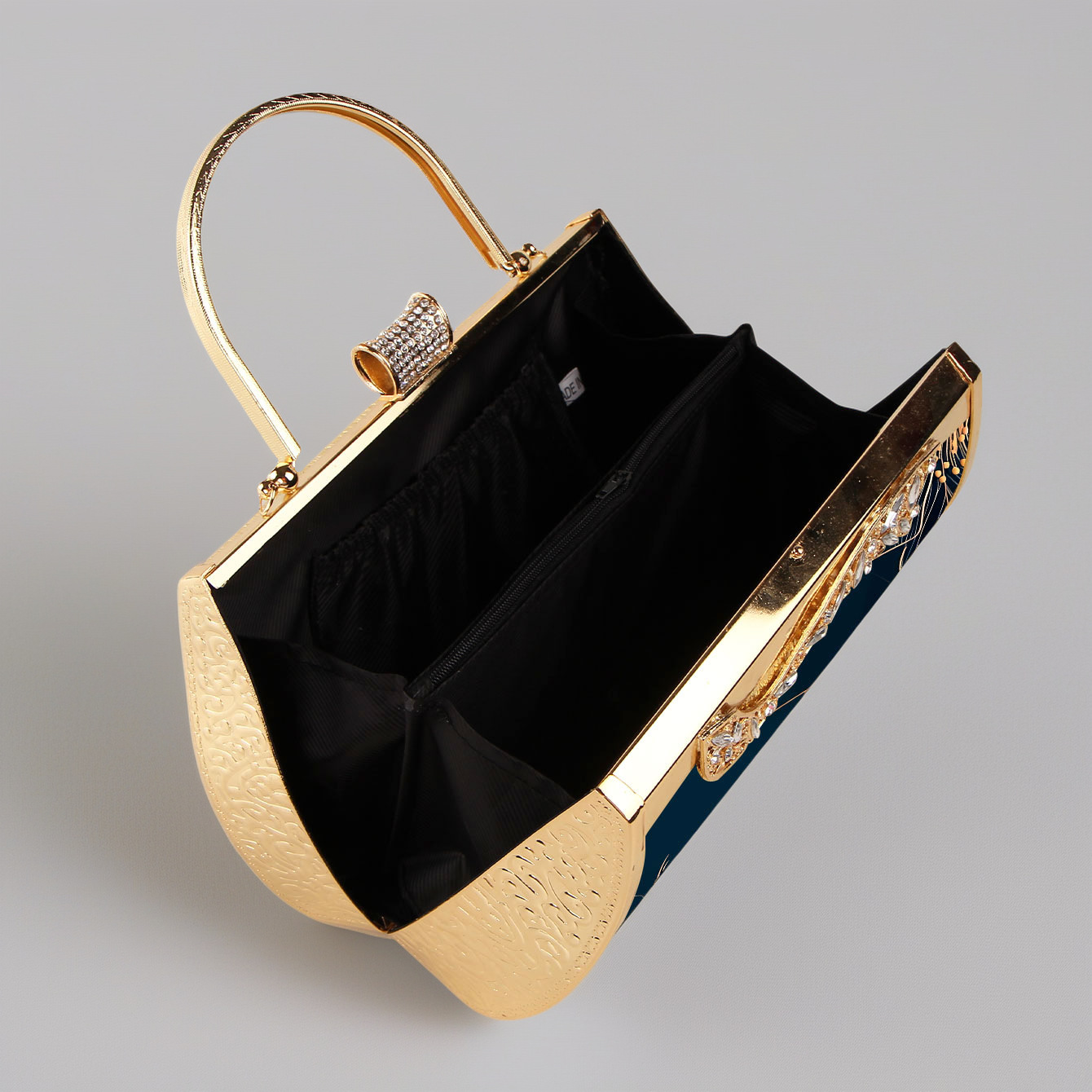 Pochette da sera elegante smeraldo con motivi floreali oro_voghion.com