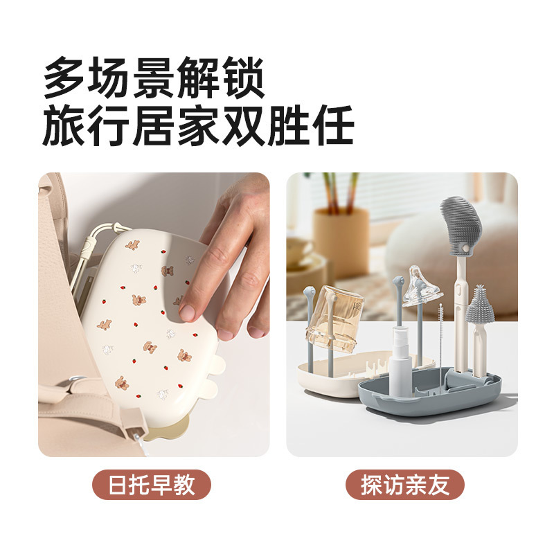 ポータブル哺乳瓶ブラシセット 新生児用多機能旅行用排水ラック付き両用ウォーターカップブラシ 哺乳瓶ブラシ|undefined