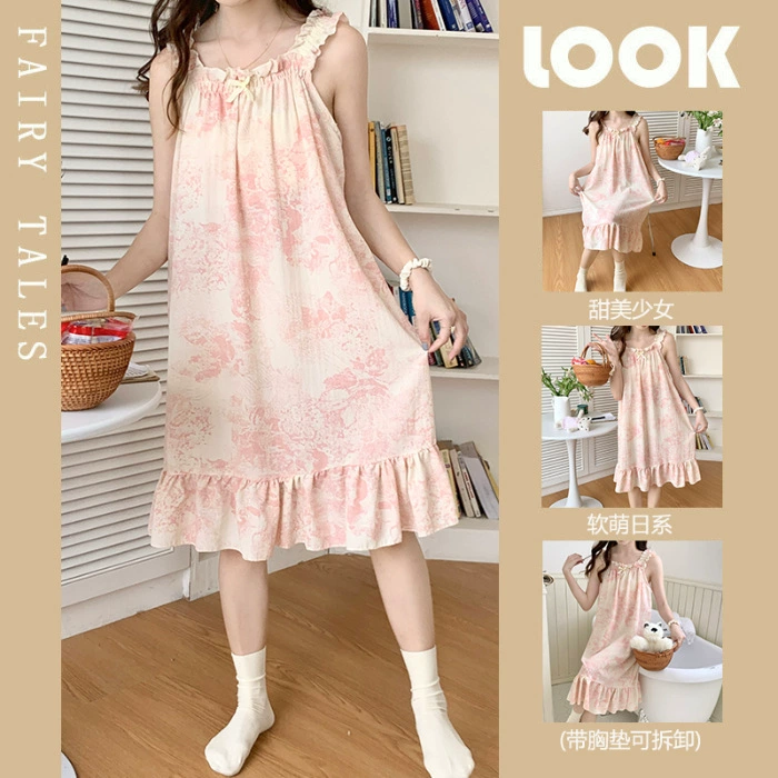Summer pijama, thin removable cute top with cups for leisure, lifting effect