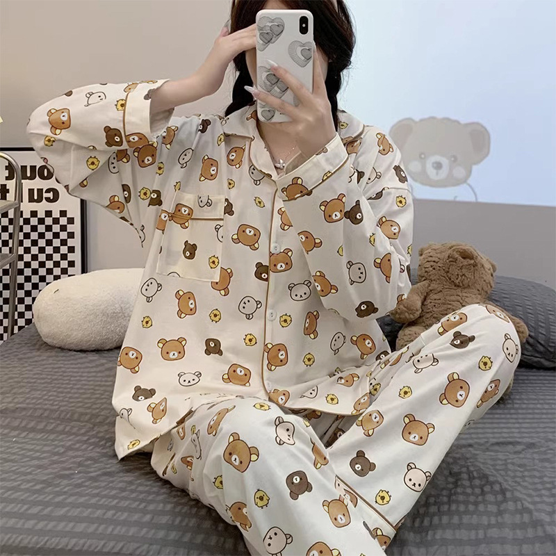 Otoño transfronterizo nuevo pijama mujer imitación algodón estilo coreano cardigan pantalones de manga larga dulce y lindo traje de servicio a domicilio exterior