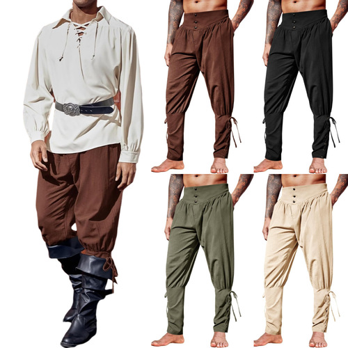 Men's ankle-tied pants, European and American style, Amazon cotton-linen trousers, ankle-strap pants, medieval Viking pirate casual pants 2025