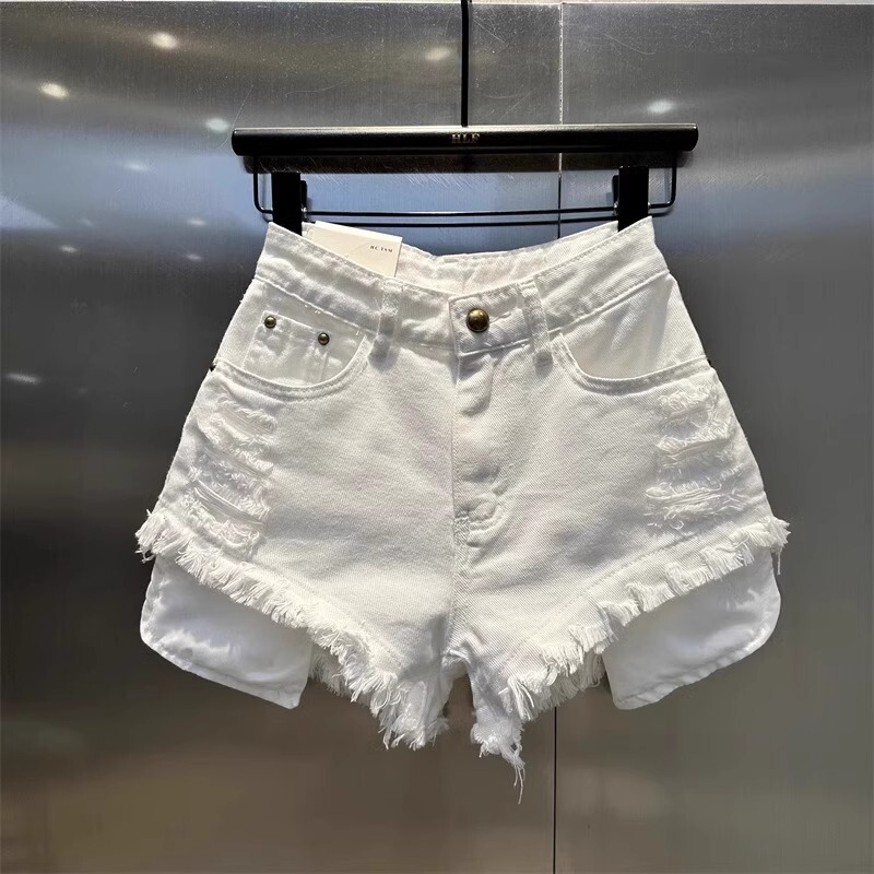 White frayed hot girl pocket Denim wide leg pants a-line hot pants show long legs ripped beggar shorts for women new summer