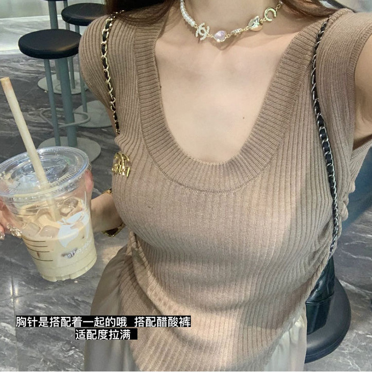 K-Style of Ins Waist Pleated Slimming Look U-Neck Sleeveless Knitwear Women's Niche Design Sweet Hottie Pure Lust Top