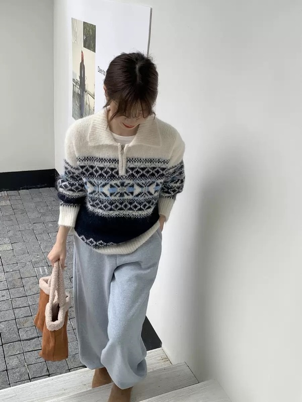 复古费尔岛半拉链翻领套头毛衣女2025秋冬新款韩系宽松软糯针织衫|undefined
