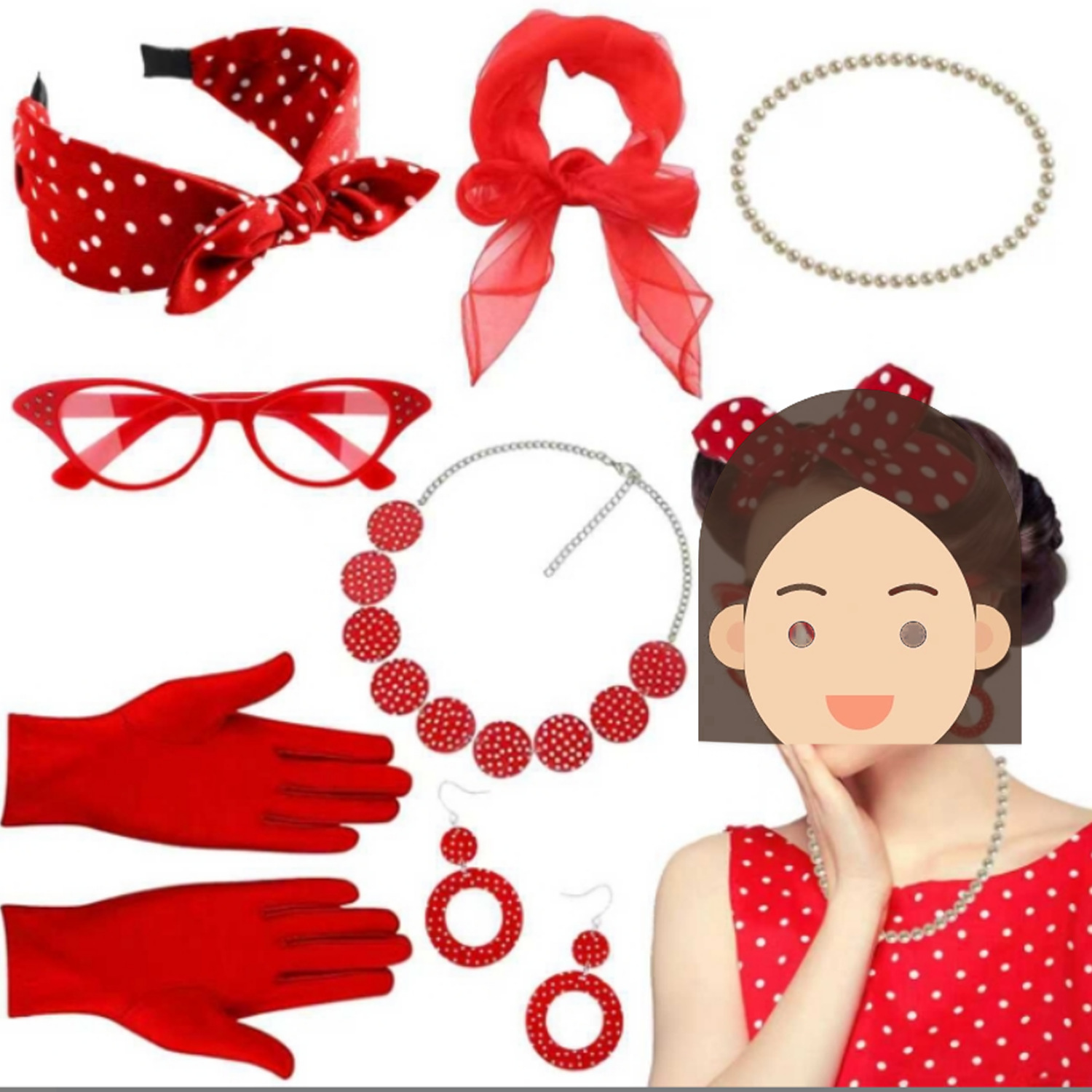 Cosplay de fiesta de la era europea y americana, ropa retro de la década de 1950, aretes de lunares, aretes, diadema, accesorios