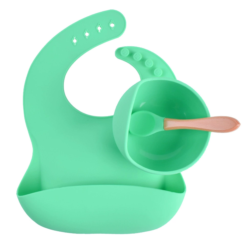 Silicone children's tableware set — bib, bowl and spoon with suction base, multi-color