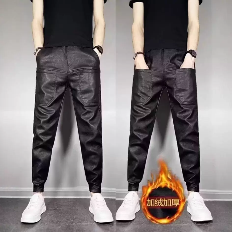 秋冬季新款男士休闲机车皮裤加厚加绒直筒男裤子防风防水保暖长裤