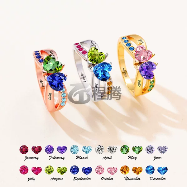 European and American Popular Style Bowknot Double Heart Diamond-Encrusted Ring with Customizable Text, 12 Birthstones for Each Month, Light Luxury High-End Ring