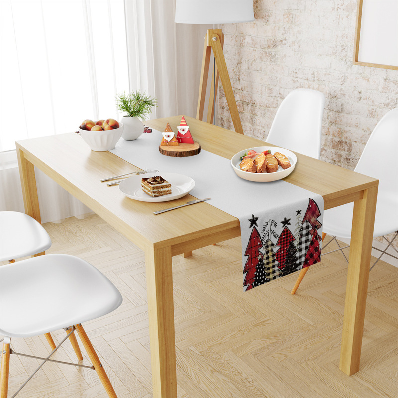 国境を越えた新しいクリスマステーブル旗は麻の生地の長いテーブルクロスのクリスマスの祝日の食卓の装飾をまねている|undefined