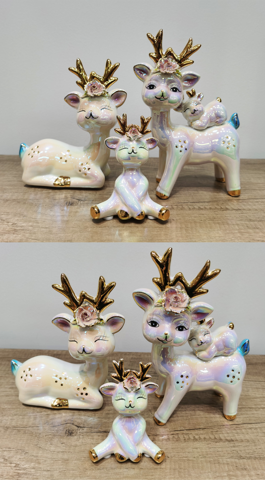 彩色微笑小鹿家族陶瓷装饰品