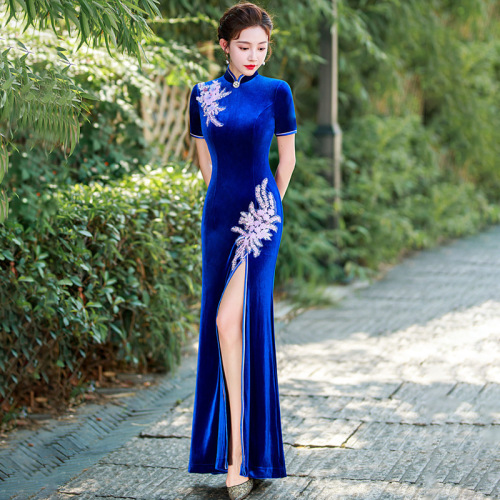 purple royal blue velvet Improved cheongsam Chinese dresses qipao retro cheongsamvelvet young elegant show thin catwalk show everyday can wear qipao