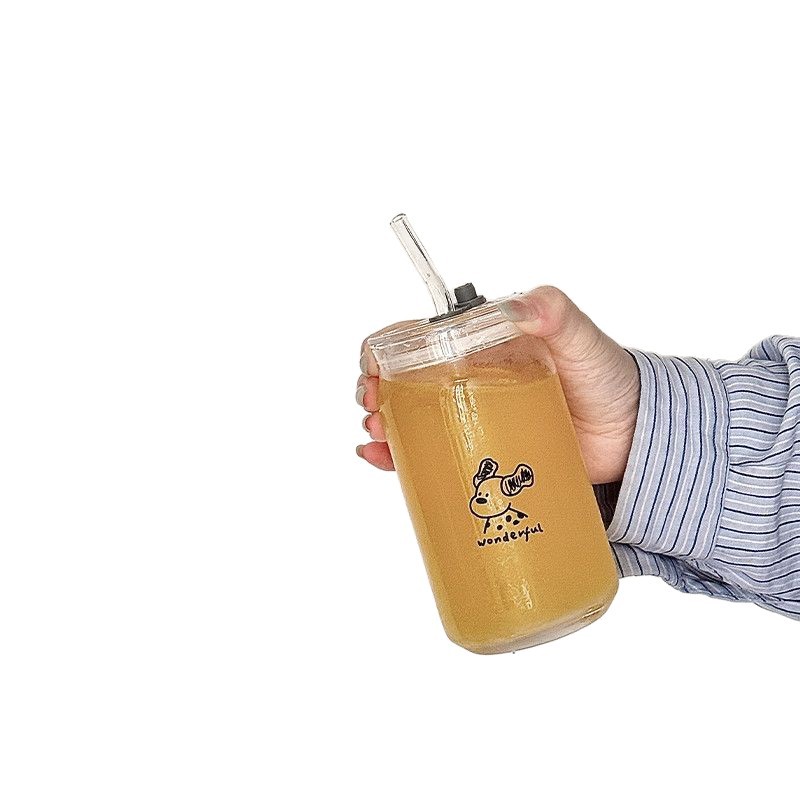 Fábrica directa de ventas en línea ins taza de paja de vidrio de ventana simple escala de dibujos animados taza de leche de alto boro con taza de vidrio cubierta