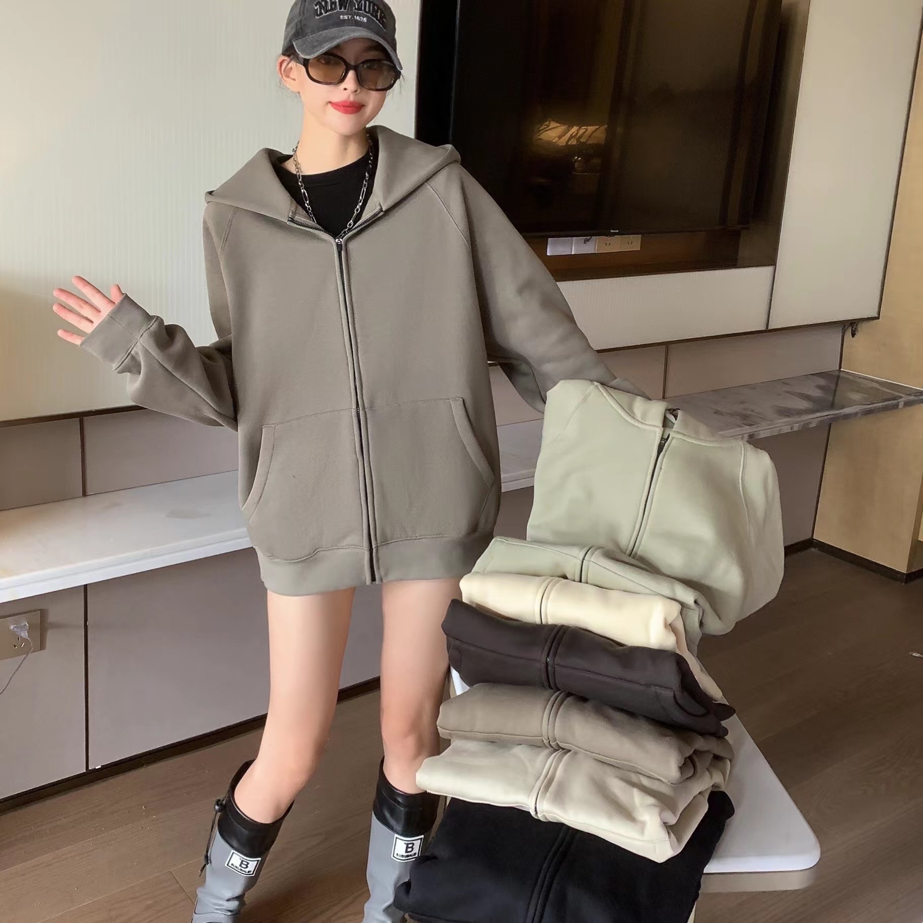 TEMOR DE DIOS doble línea ESENCIALES American High Street carta suéter de la cremallera suelta, además terciopelo abrigo