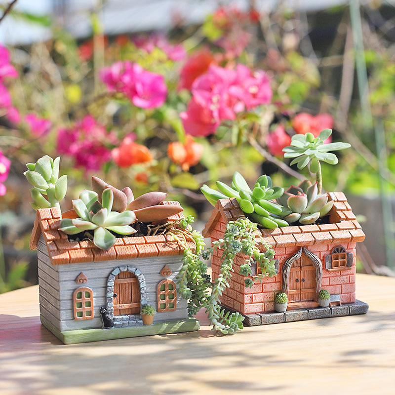 Chậu Cây Resin Chậu cây hình ngôi nhà đồng quê resin, chậu mọng nước mini, trang trí bàn và sân vườn (RG-80)