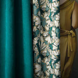 美式简约提花拼色金丽绒窗帘布墨绿遮光客厅卧室别墅定制成品窗帘
