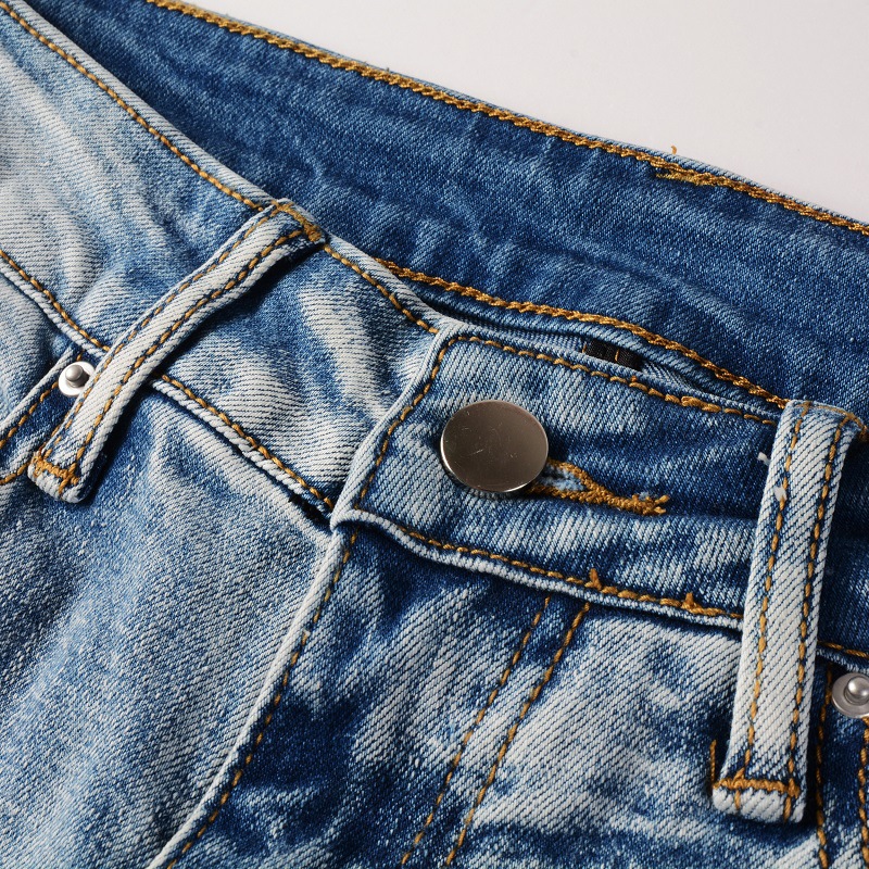 Herrenbekleidung im gleichen Stil, Katzenschnurrhaare, zerknitterte Farbe, Patchwork, Lederpatch, Loch, elastische Slim Fit-Röhrenjeans_voghion.com