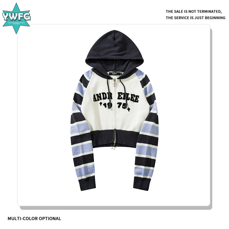 YWFG ropa de mujer americana retro letras rayadas 2024 primavera cardigan con capuz suéter de punto de manga larga