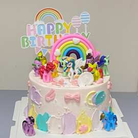 网红粉色小马蛋糕装饰卡通独角兽彩虹女孩女生生日甜品烘焙装扮