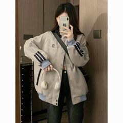 春秋新款美式复古条纹棒球服外套女设计感小众宽松立领夹克上衣潮