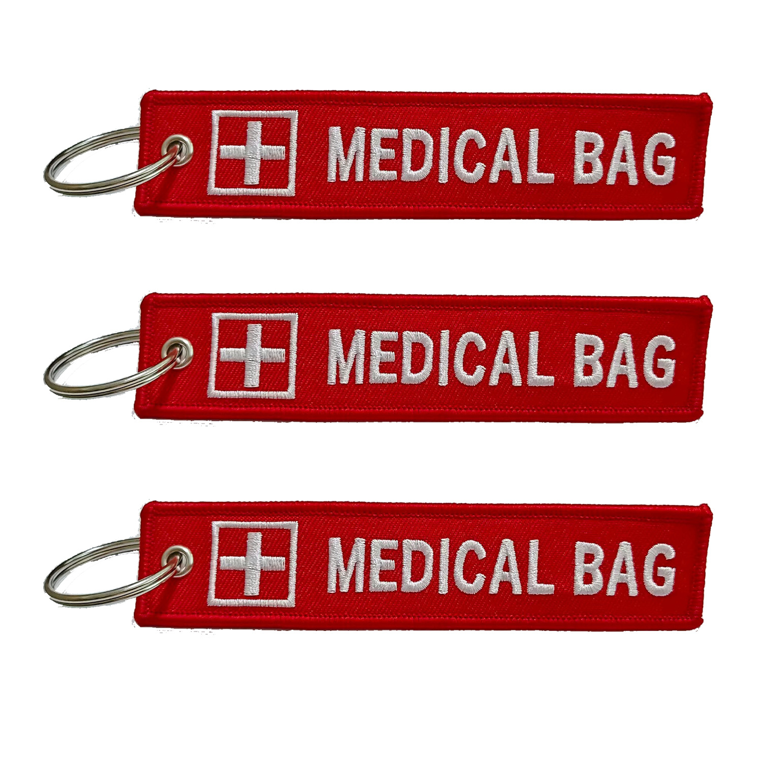 Cross-border best-selling new arrival, wholesale available: red background with white lettering, double-sided identical embroidery, medical bag label, embroidered keychain