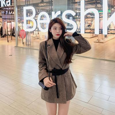 新款复古修身腰带收腰中长款千鸟格毛呢西装上衣外套女