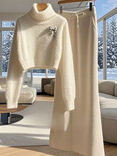 韩系搭配一整套冬装慵懒风高级气质小香风纯色针织毛衣半身裙套装