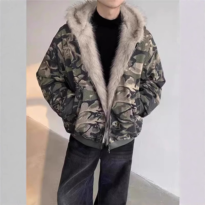 American Style Retro Washed Camouflage Fur Collar Hooded Jacket Thickened Jacket Men's Niche Design Sense Plutton Handsome Loose Cotton-padded Jacket American Style Retro Washed Camouflage Fur Collar Hooded Jacket Thickened Jacket Men's Niche Design Sense Plutton Handsome Loose Cotton-padded Jacket