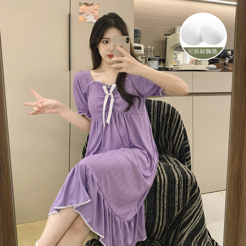 Fábrica directa de verano vestido de pijama de mujer sobre rodillas dopamina de color sólido plegado pozo cómodo vestido de hogar vestido largo cojín de pecho