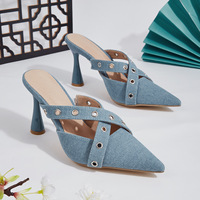 2024 New Style with European and American Slim Heels, Small and Popular Design denim pointed toe high heel sandals