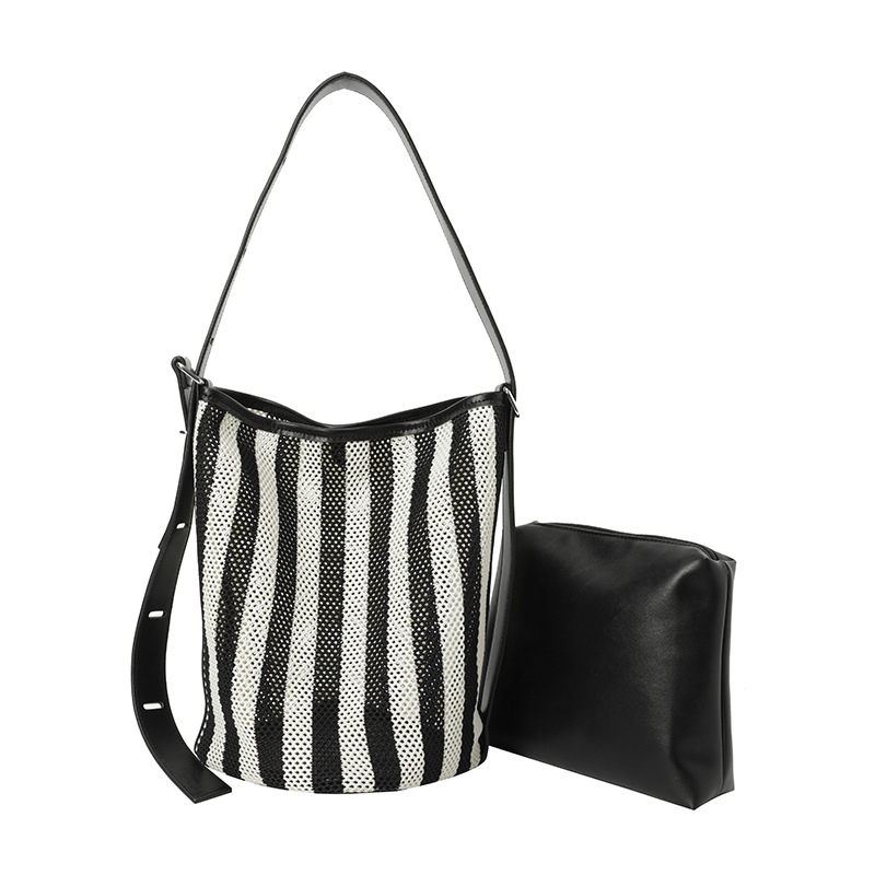 Bolso de cubo popular de este año 2025 nuevo bolso de niño y mujer bolso de color de contraste a rayas bolso de hombro de malla de gran capacidad