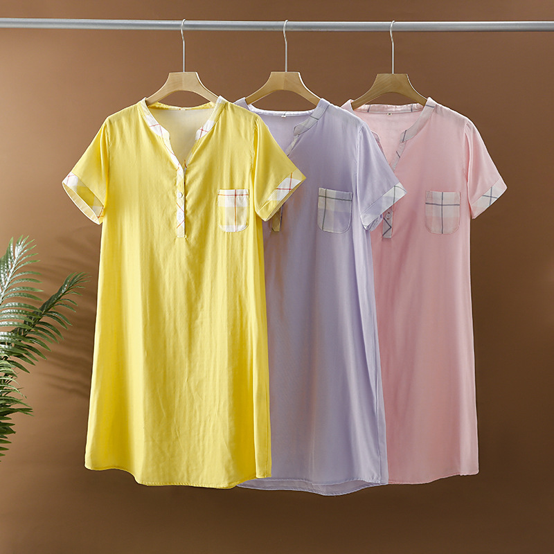 Unprinted Japanese-Style Spring and Summer Women's Pure Cotton Double-Layer Gauze Short-Sleeved Nightgown Mid-Length Pajamas Loose Plus-Size Loungewear Wholesale