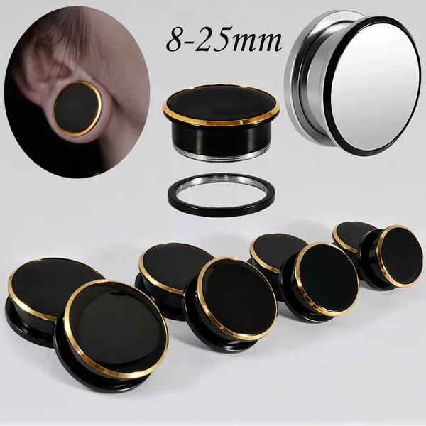 Cross-Border Fashion Black Gold-Rimmed Pulley Ear Stainless Steel Electroplated External Thread Piercing Ear Jewelry 8-25mm