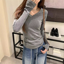 美式好物2025秋季韩版修身气质v领插肩百搭长袖打底T恤女装潮上衣