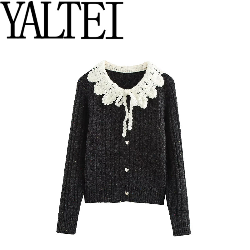 Zar Autum New Women's Clothing European and American Style French Design Fashionable Versatile Contrasting Color Crochet Collar Knitted Cardigan