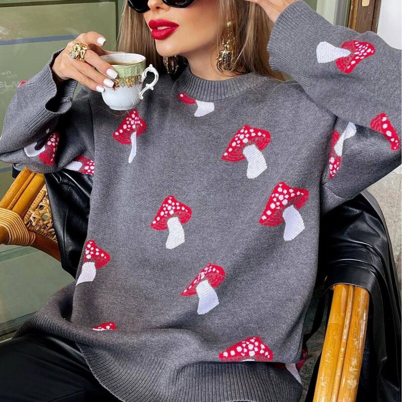 Cross-Border European and American Style Short-Sleeve Design Ins Mushroom Jacquard Sweater for Women, Autumn Loose Color-Blocking Pullover Knitwear Jacket