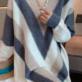 V领拼色中长款针织衫2022秋冬季新款显瘦宽松上衣女图片色其他