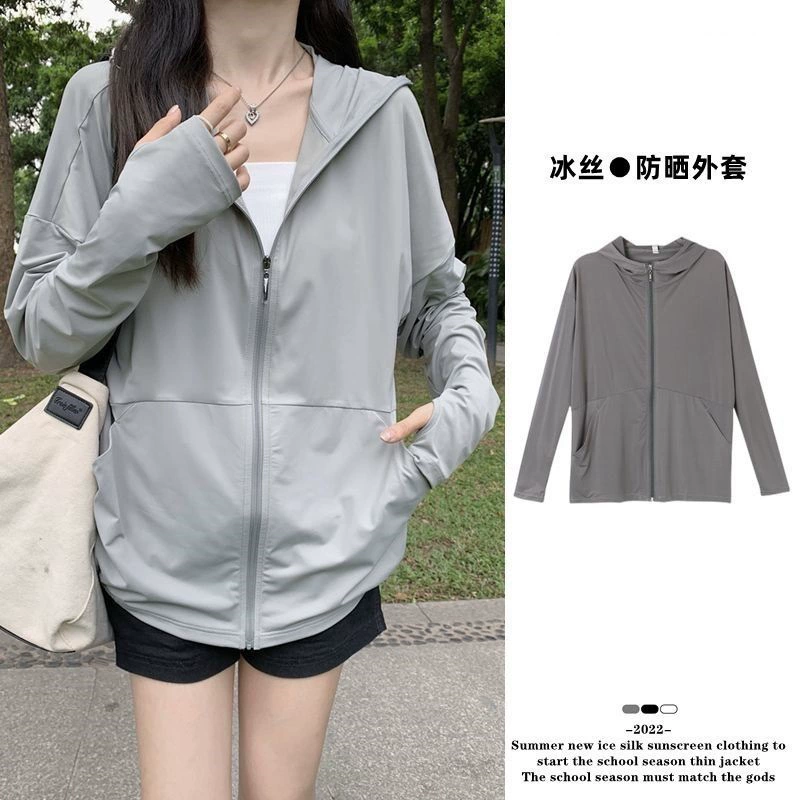 Silk sun protection clothing with hood, summer black breathable jacket, oversize