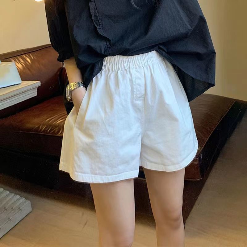 퓨어 코튼 화이트 반바지 여성용 여름 얇은 탄성 허리 느슨한 작은 단어 슬리밍 캐주얼 와이드 팬츠 in