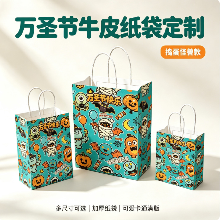 Custom-printed kraft paper bags with logos, available in various sizes for Halloween, perfect for packaging and as gift bags; wholesale and in stock Custom-printed kraft paper bags with logos, available in various sizes for Halloween, perfect for packaging and as gift bags; wholesale and in stock