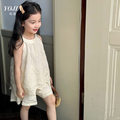 YOJIA女童夏季套裝2024新款洋氣 棉童裝吊帶短褲兒童兩件套夏裝