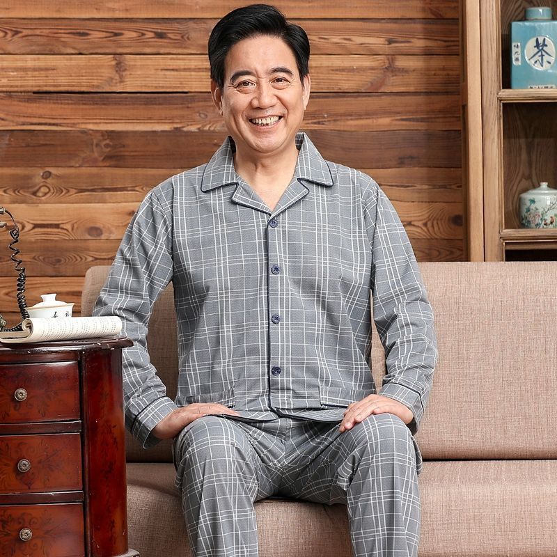 Pijamas de mediana edad y ancianos hombres 100% algodón primavera y otoño manga larga otoño e invierno más tamaño viejo papá traje de uso doméstico
