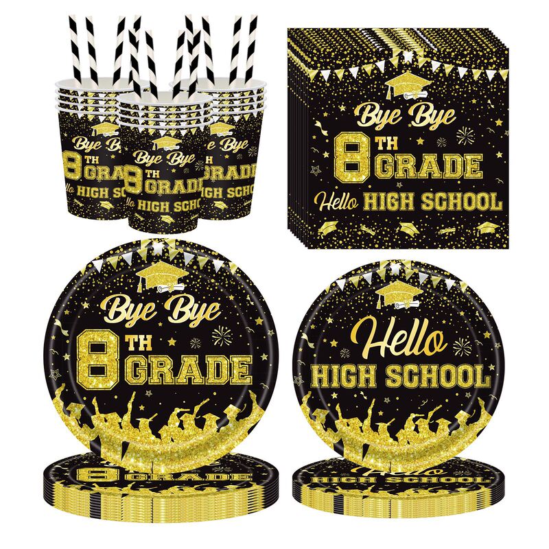 Black Gold Eighth Grade Graduation Season Theme Party Disposable Paper Plate Tissue Paper Cup Holiday Party Decoration Set