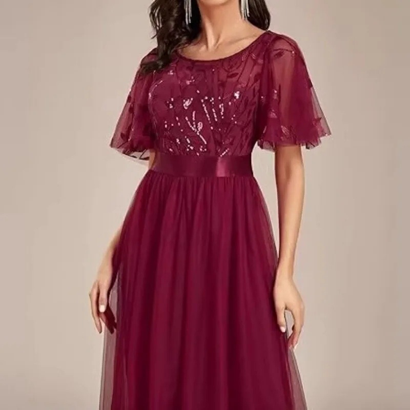 Dress Amazon 2026 New Model Burgundy Sequined Mesh Round Neck Waist-Cinching Large Hem Evening Gown Aliexpress Foreign Trade Dress Amazon 2026 New Model Burgundy Sequined Mesh Round Neck Waist-Cinching Large Hem Evening Gown Aliexpress Foreign Trade