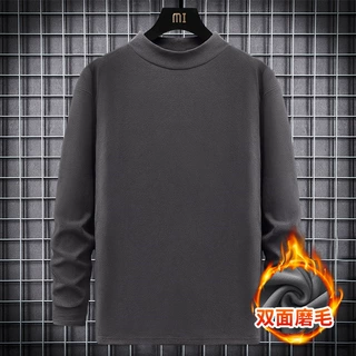 外贸爆款秋冬季半高领打底衫男士纯色休闲双面德绒长袖简约圆领