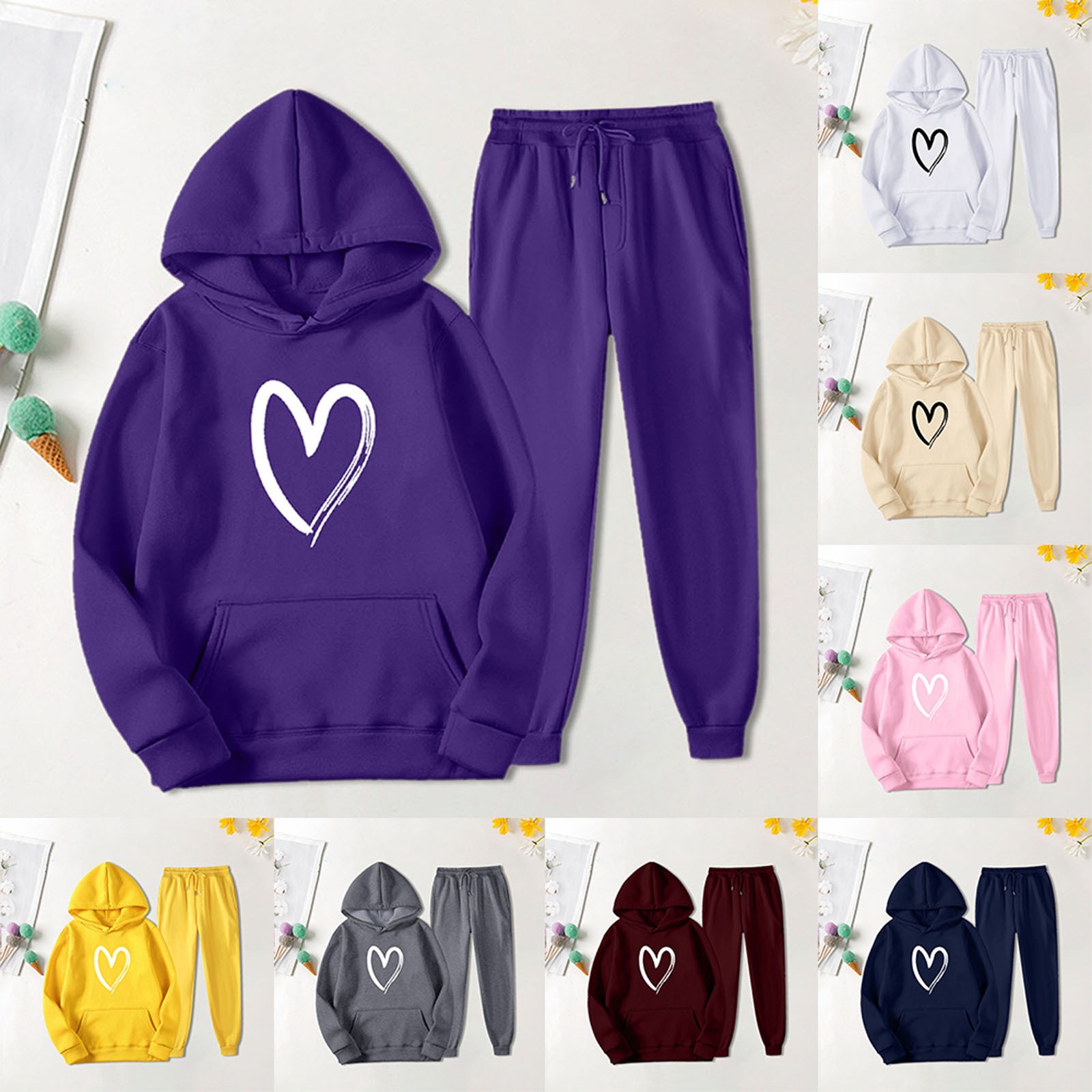 Cross-border European and American men's sweatshirt and sweatpants sports casual printed heart top solid color long pants set men's sweatshirt