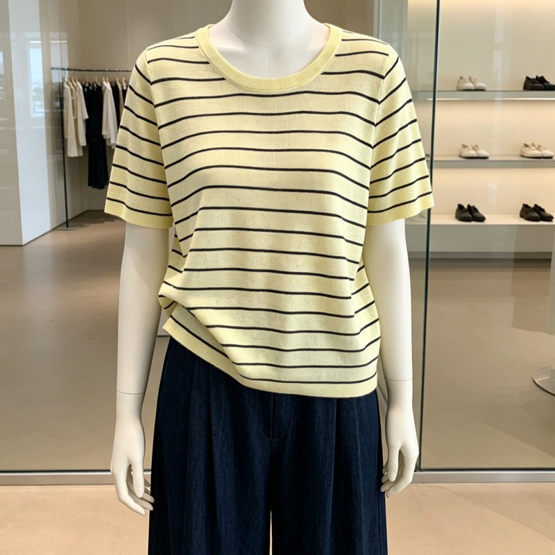 Physical Store Women's Clothing Wholesale Summer Short-Sleeve Pullover Striped Color-Block Ice Silk Knit Top T-Shirt Thin and Cool Physical Store Women's Clothing Wholesale Summer Short-Sleeve Pullover Striped Color-Block Ice Silk Knit Top T-Shirt Thin and Cool