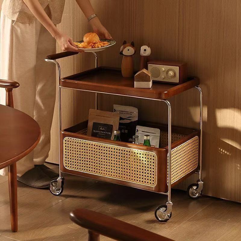 Solid Wood Mobile Side Table with Wheels, Stainless Steel Storage Vintage Trolley, Living Room Storage Rattan Woven Storage Simple Coffee Table