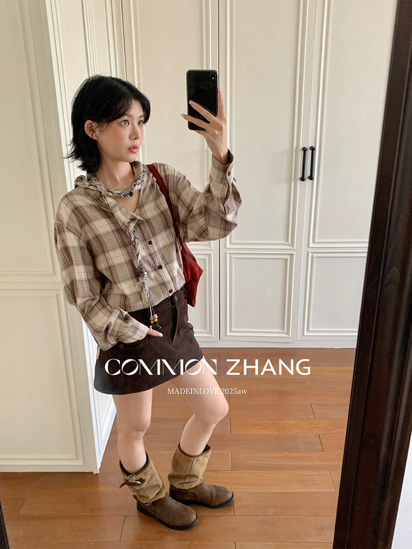 CZ ZHANG秋度假风格子棉衬衫女宽松休闲复古格子上衣送领巾B33847|undefined