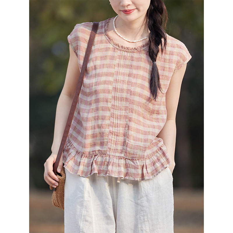 Gujia 100% Yarn-Dyed Linen Exquisite Lace Collar Sleeveless Blouse with a Design-Inspired Ruffled Plaid Short Shirt Gujia 100% Yarn-Dyed Linen Exquisite Lace Collar Sleeveless Blouse with a Design-Inspired Ruffled Plaid Short Shirt